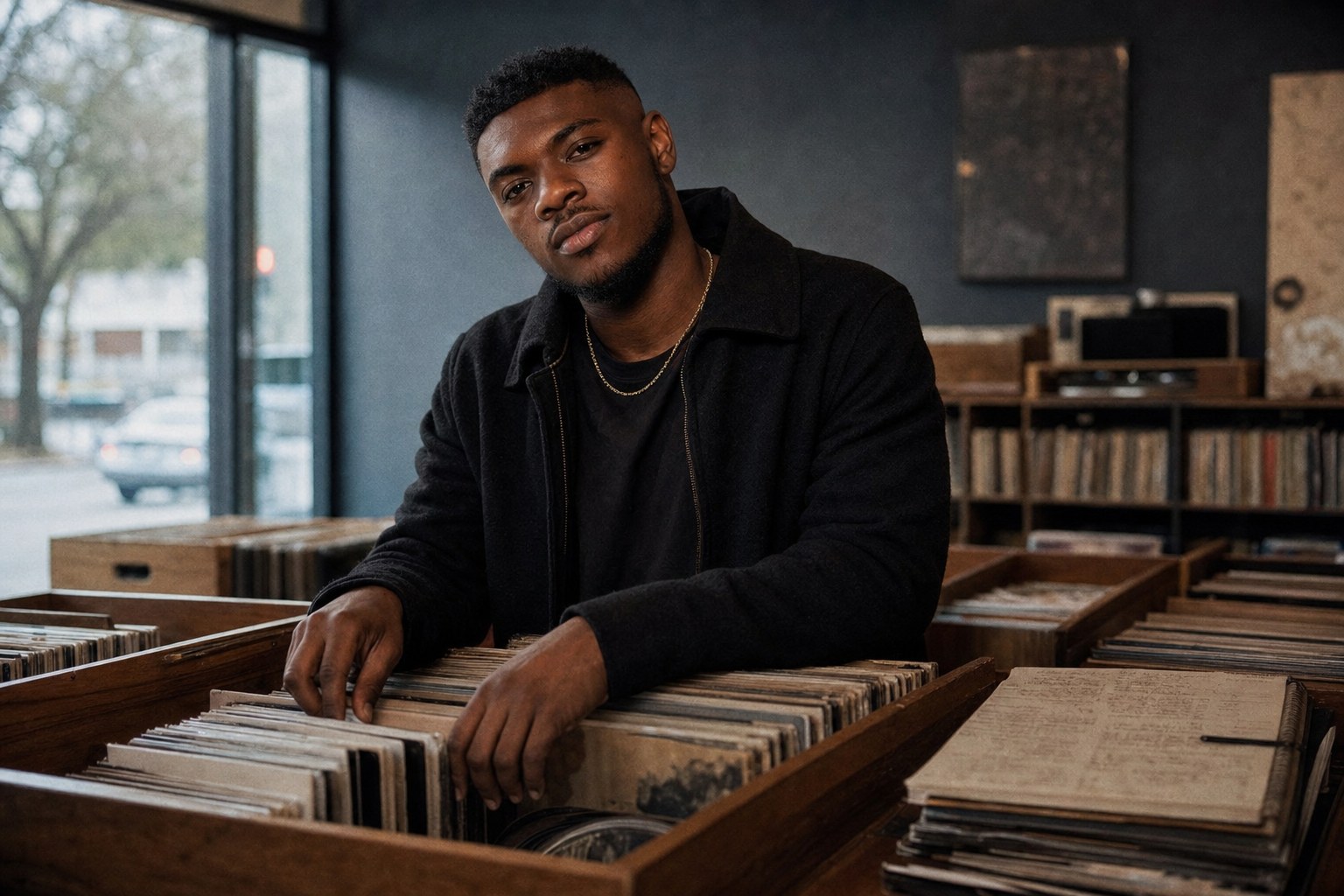 Kairo West browsing records in an Atlanta shop for a Baldwin Bus Receipt listening guide