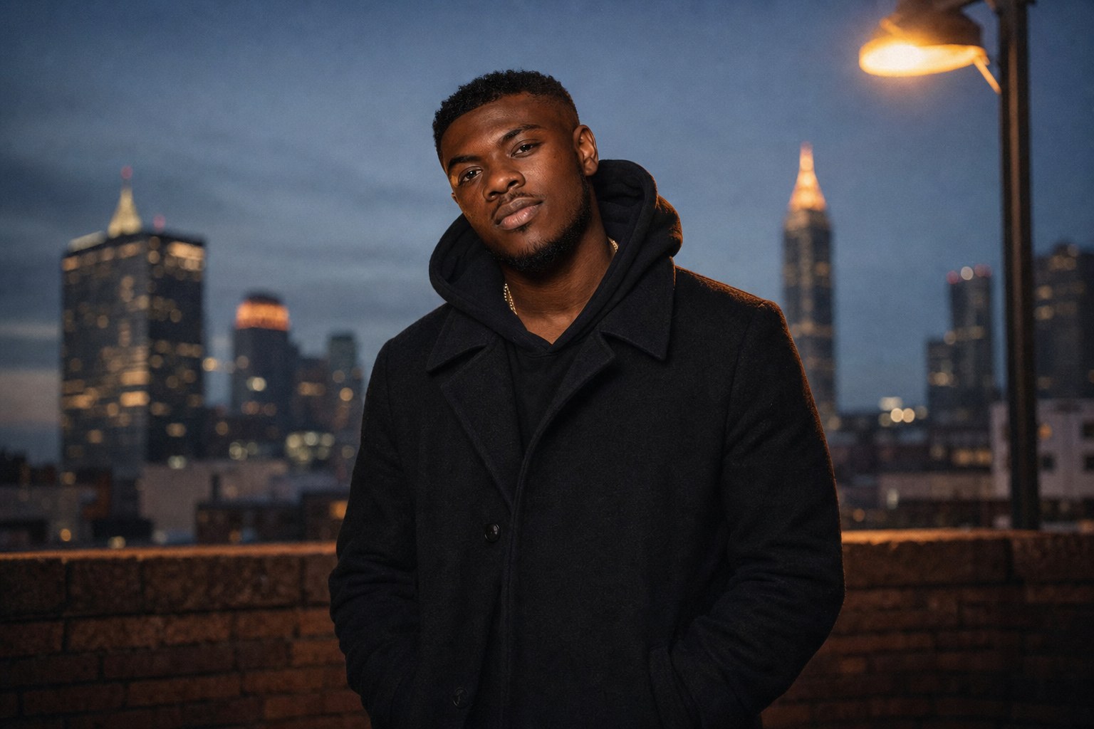 Kairo West on rooftop at dusk with Atlanta skyline — Baldwin Bus Receipt by Kairo West