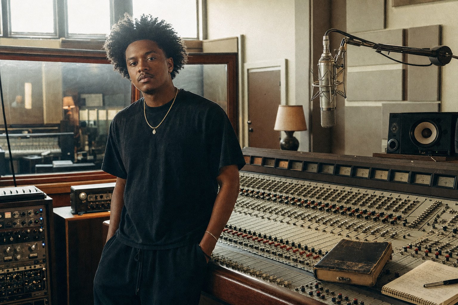 Kairo West in a live-room studio beside a console, recording for Baldwin Bus Receipt by Kairo West