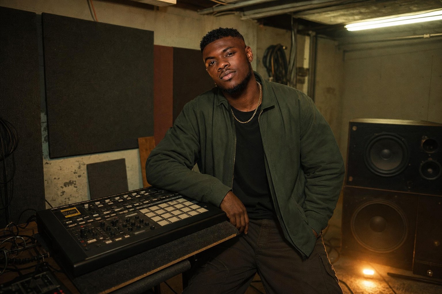 Kairo West in a basement rehearsal workspace illustrating Baldwin Bus Receipt production