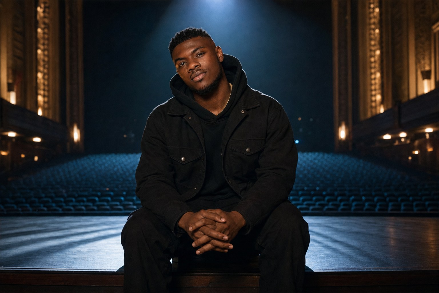 Kairo West on an empty theater stage — Baldwin Bus Receipt soundtrack mood, single spotlight, cinematic wide frame