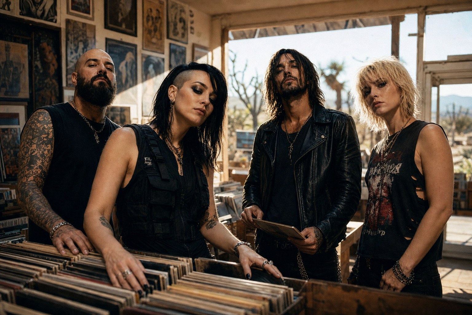 Viper Junction in a Joshua Tree record shop, contextual portrait for desert rock 2026