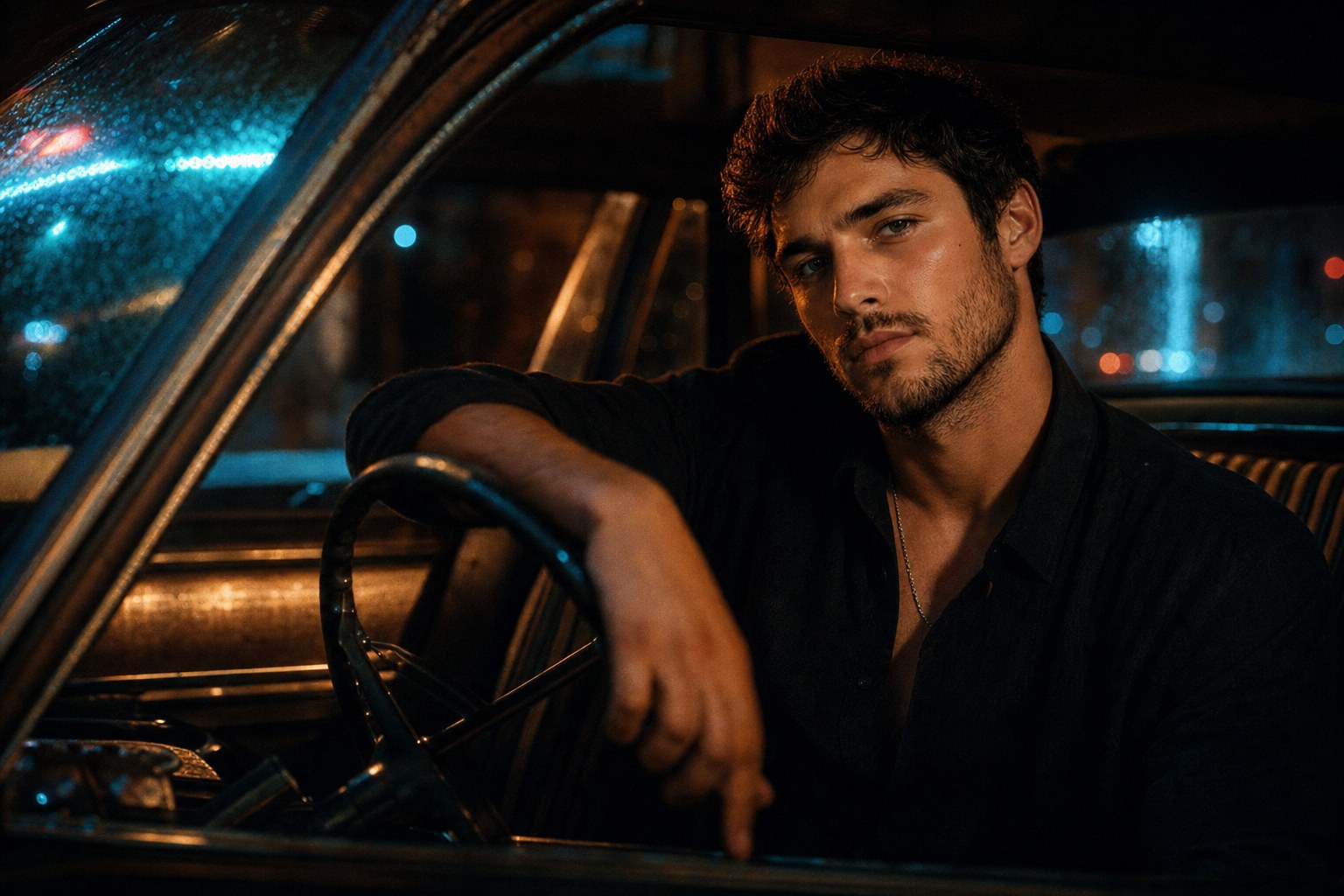 Nova Driftwood Tide Clock portrait — artist in a vintage car at 3am, neon reflections, cinematic, photorealistic