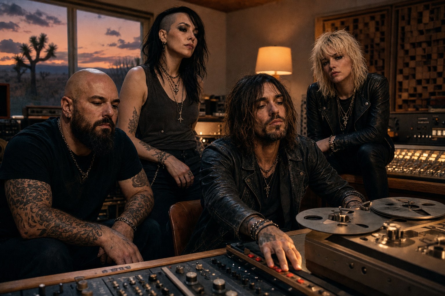 Viper Junction in-studio at dusk showing gear and tape machine — Gasoline Hymn production