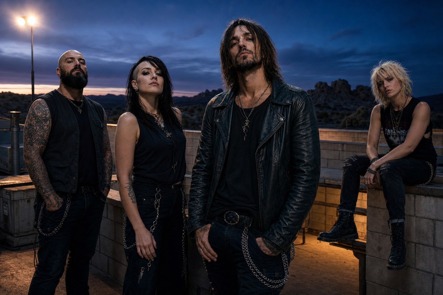 Viper Junction on a Joshua Tree rooftop at blue hour for Gasoline Hymn by Viper Junction