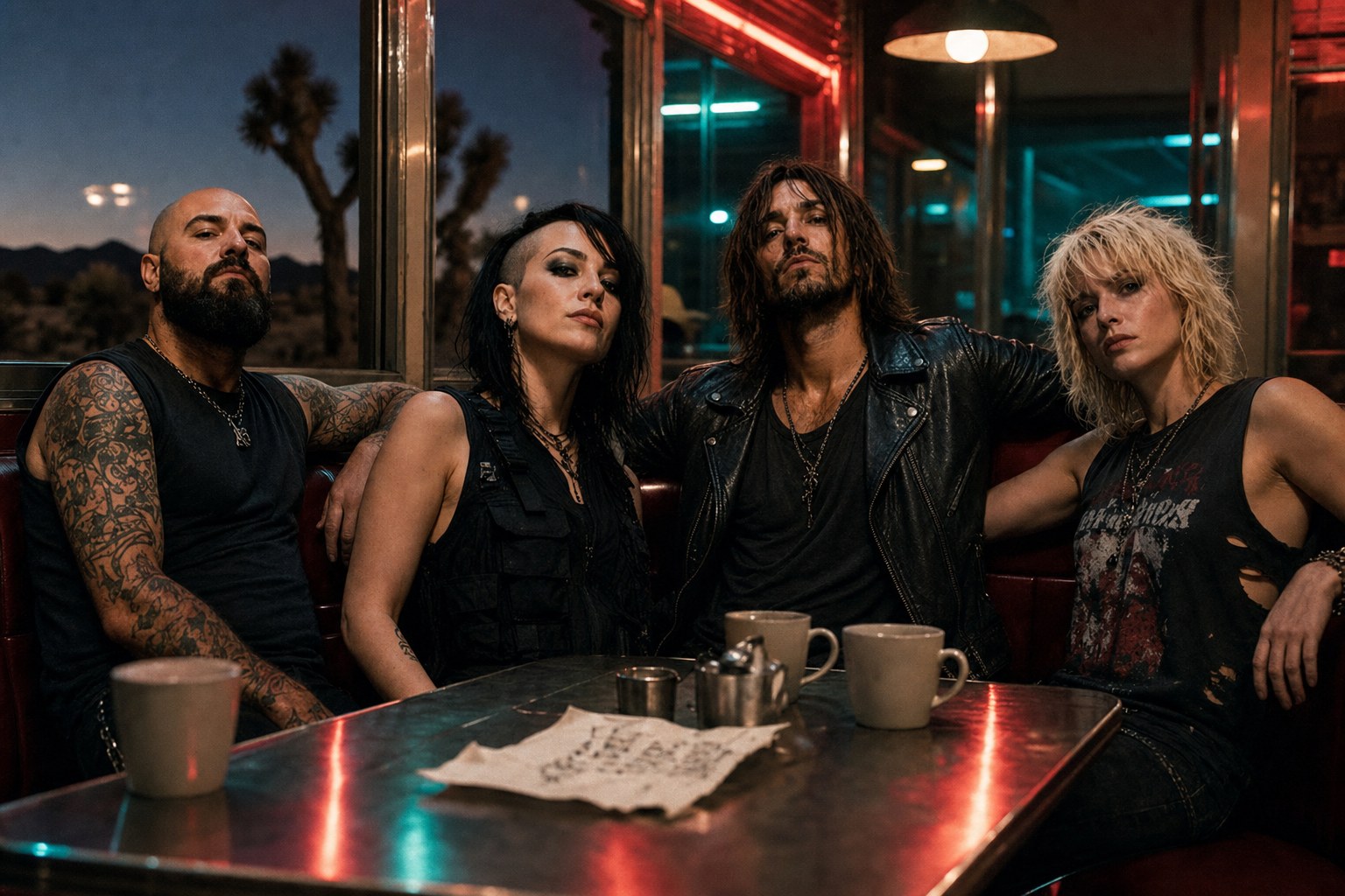 Gasoline Hymn by Viper Junction — band in a neon desert diner booth preparing to listen to the album