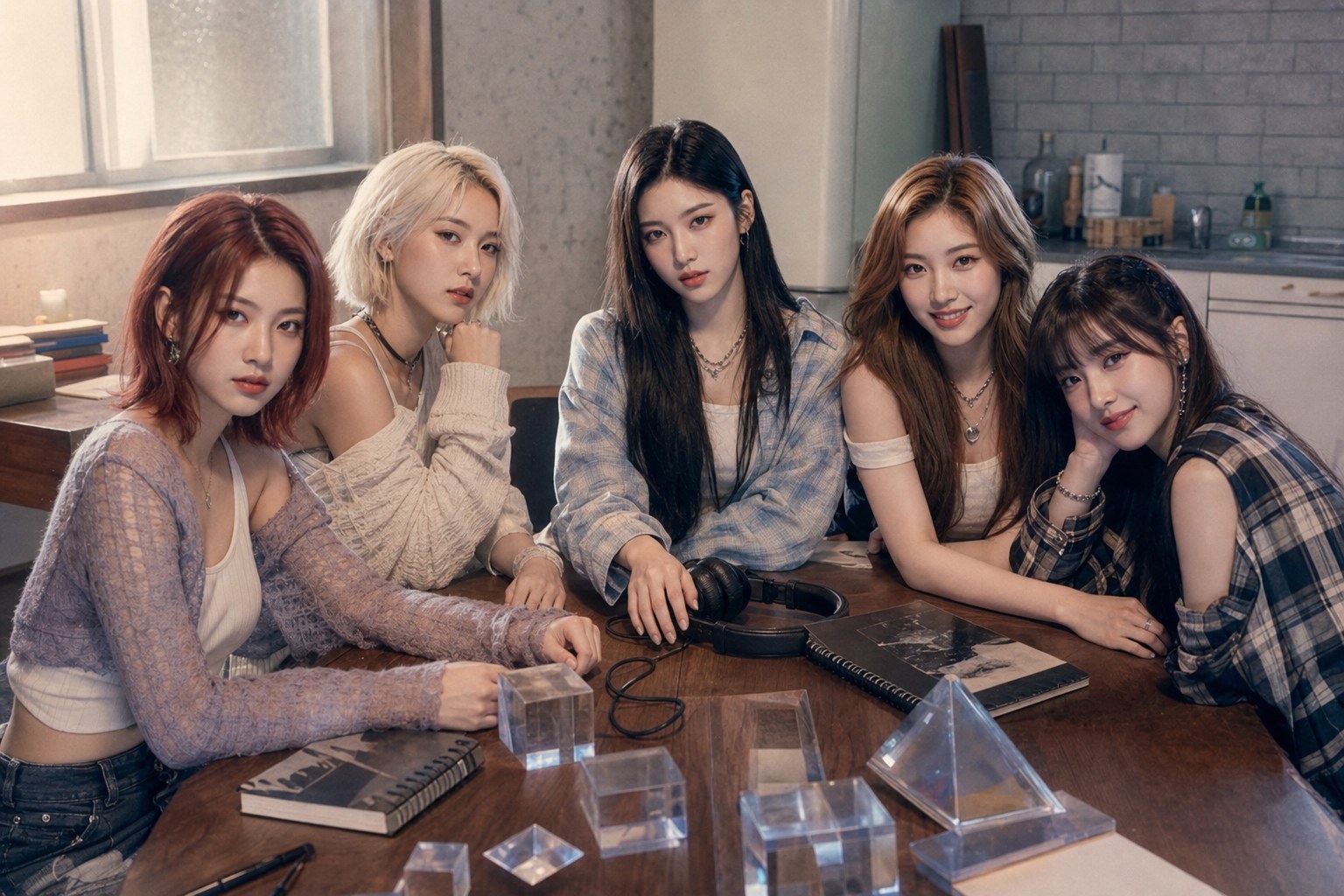 Prism Five listening together in a Seoul apartment kitchen before GLITCH by Prism Five