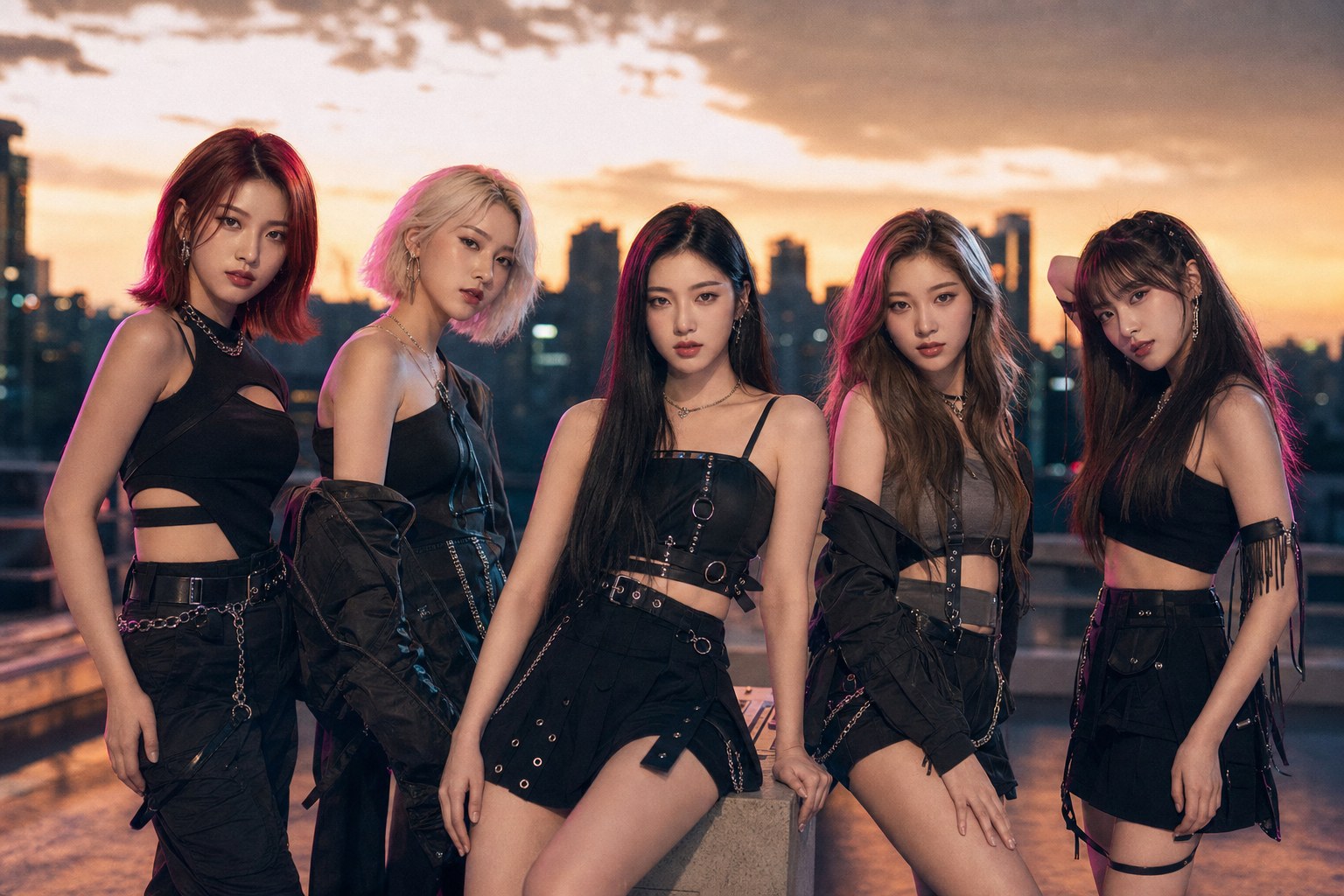 GLITCH by Prism Five — rooftop dusk portrait of the five-member K-pop group against the Seoul skyline