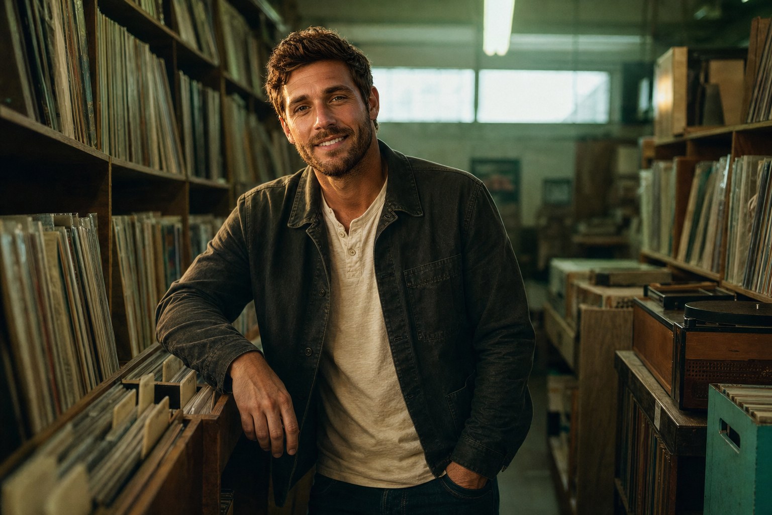 Jesse Cole Beckett debut artist portrait in a country record shop surrounded by vinyl crates