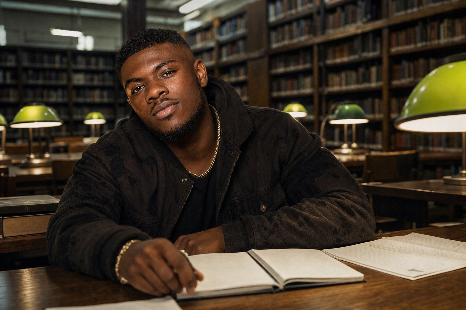 Kairo West in a quiet Atlanta library reading room, a visual portrait for Kairo West's Baldwin Bus Receipt