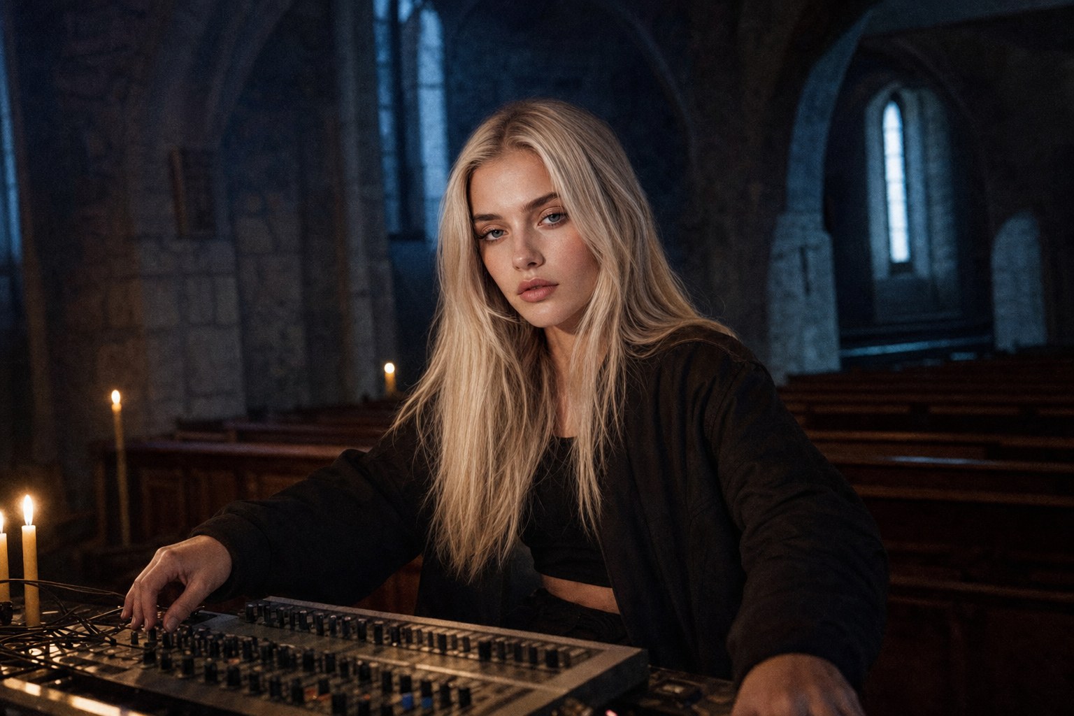 Lyra Voss in a candlelit Reykjavík chapel for Lyra Voss Solstice Light album feature