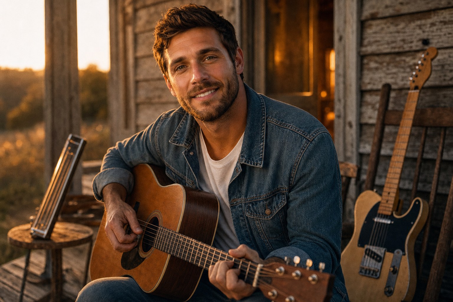 Jesse Cole Beckett on a porch at golden hour, embodying modern outlaw country with acoustic guitar and slide steel