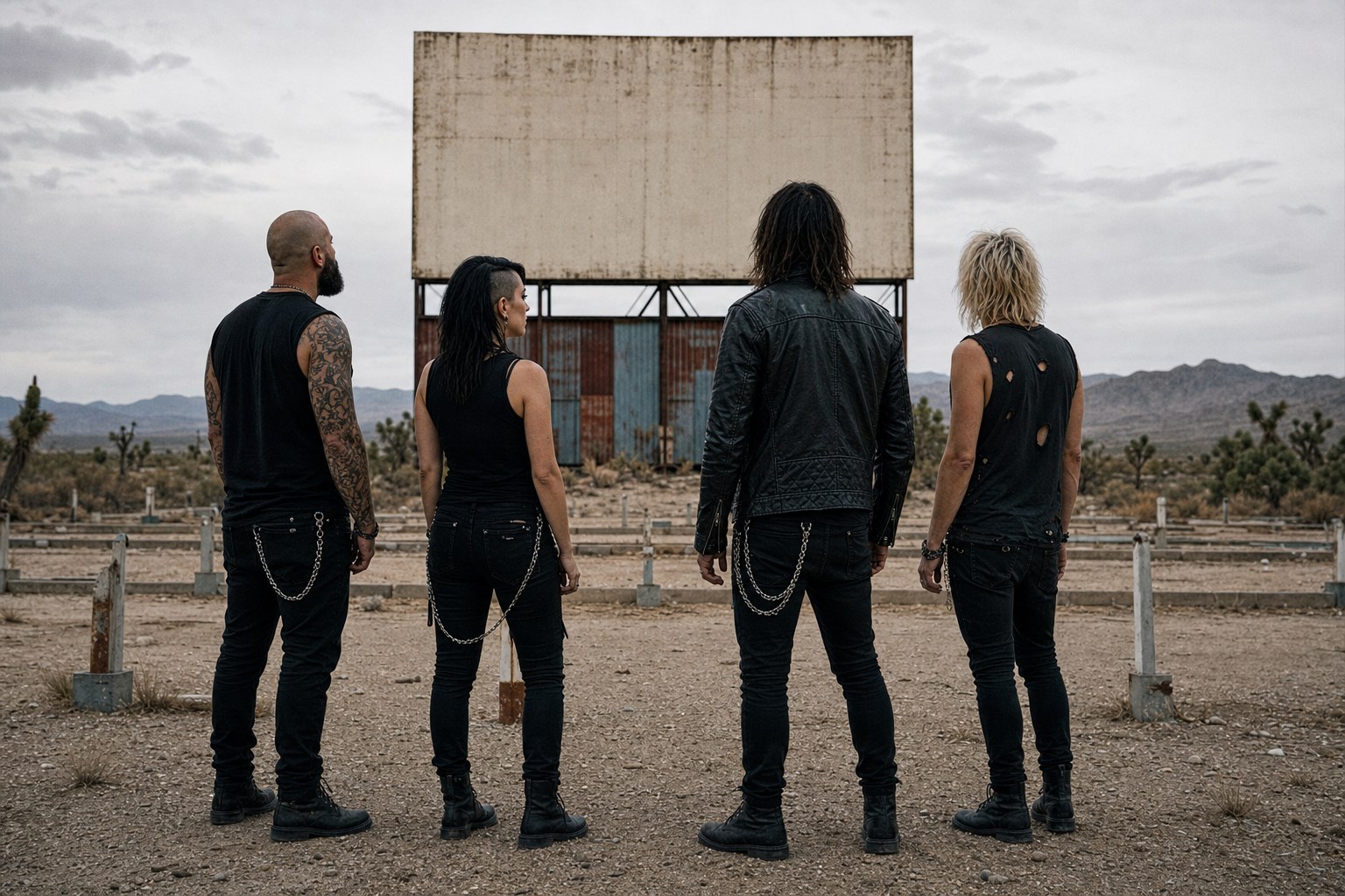 Viper Junction performing the visual language of modern outlaw rock at an abandoned desert drive-in theater