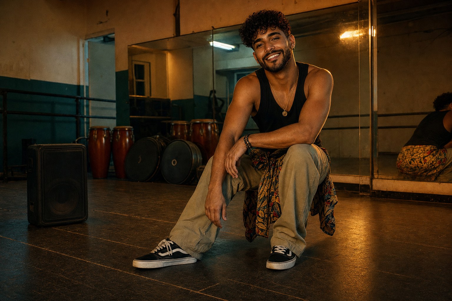 Santiago Fuego in a Santo Domingo dance rehearsal room for a modern reggaeton 2026 feature