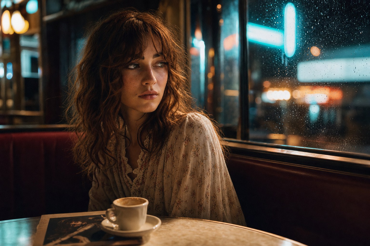 Opal Sinclair sync concept: Opal Sinclair in a neon-lit diner booth, cinematic portrait suggesting Velvet's late-night textures