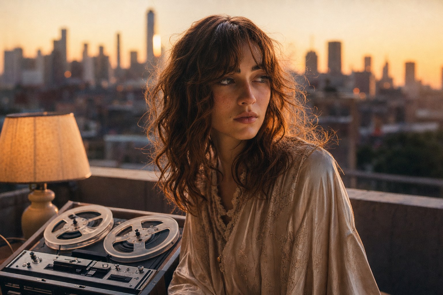 Opal Sinclair's Velvet rooftop portrait at dusk, golden-hour lighting