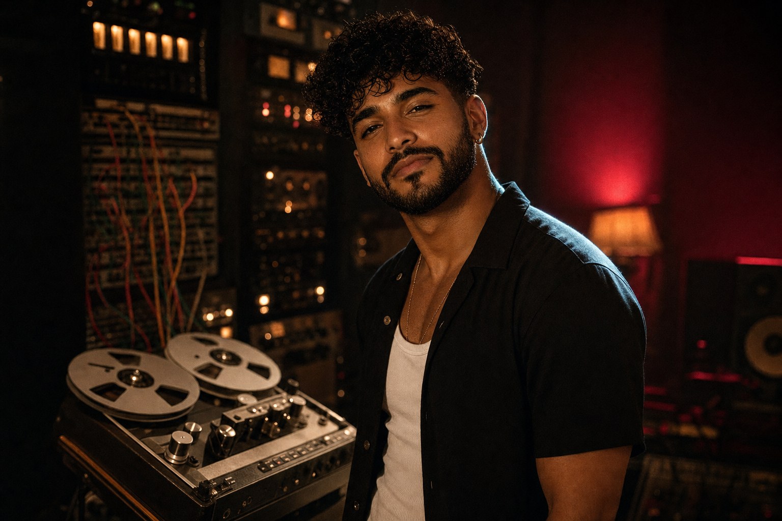 Santiago Fuego in an analog mastering room for a Paraíso by Santiago Fuego production feature
