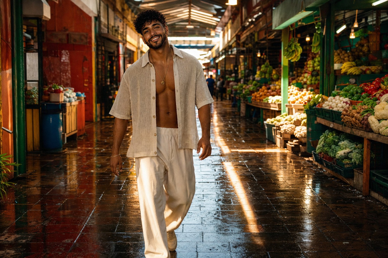 Santiago Fuego walking through a rain-wet Santo Domingo market corridor for Paraíso by Santiago Fuego