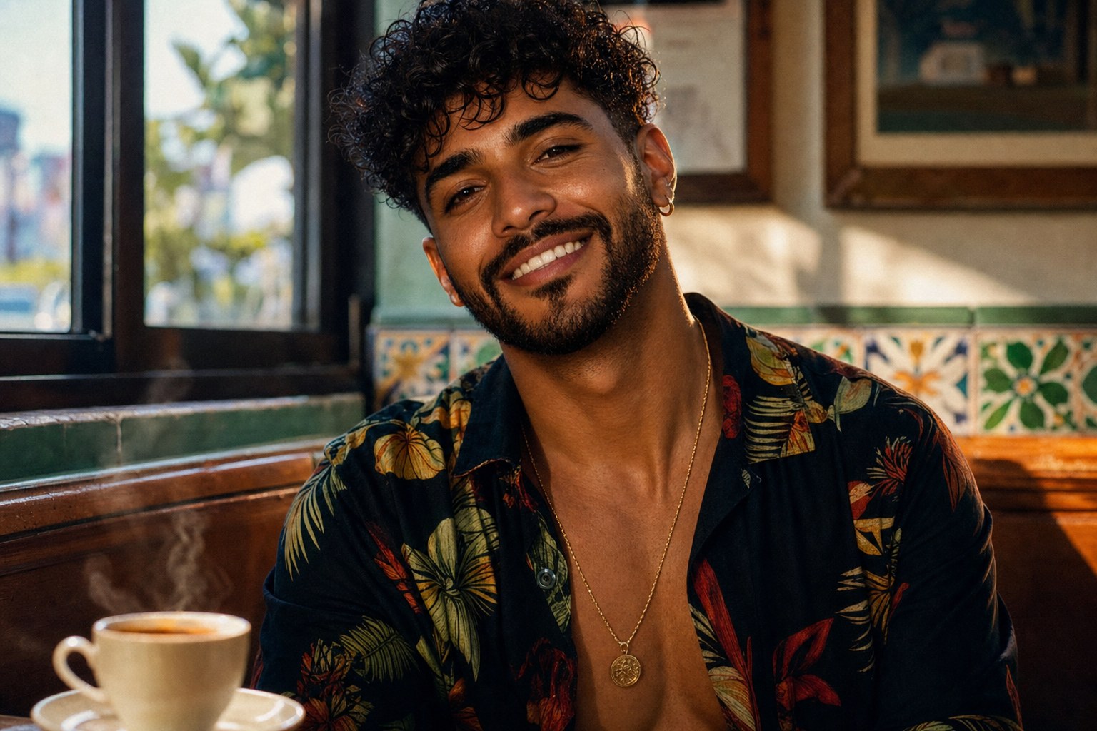 Close-up portrait of Santiago Fuego discussing Paraíso by Santiago Fuego in a sunlit Little Havana café