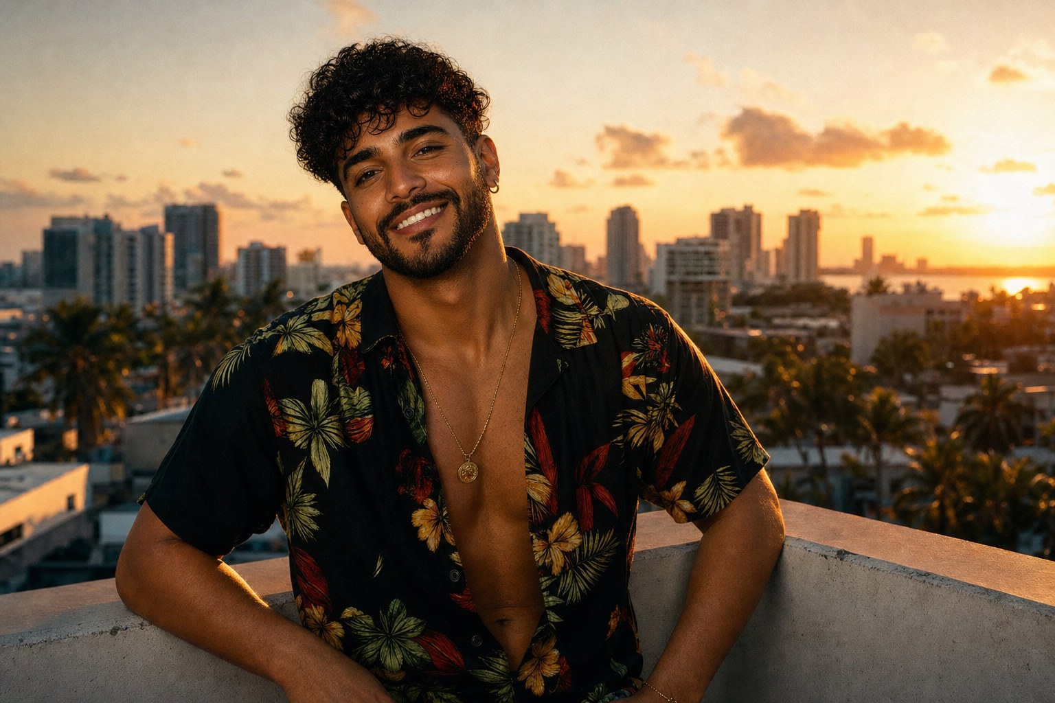 Santiago Fuego on a rooftop at golden hour — Paraíso by Santiago Fuego production portrait
