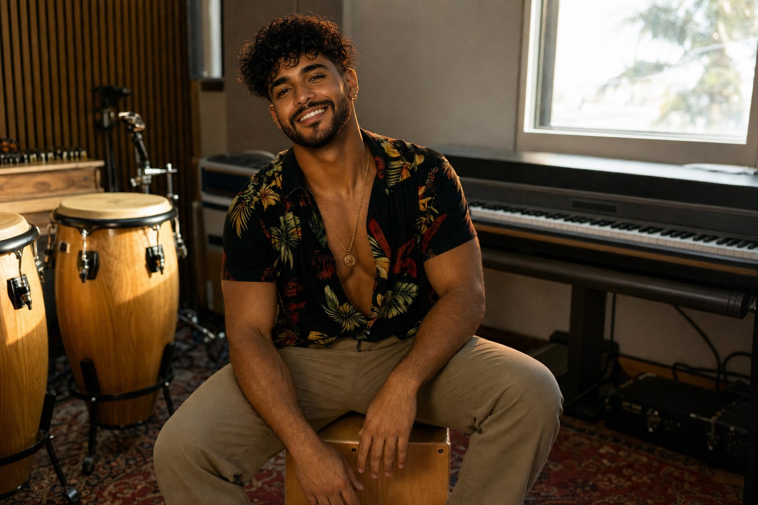 Santiago Fuego in studio with congas and piano — Paraíso by Santiago Fuego track-by-track