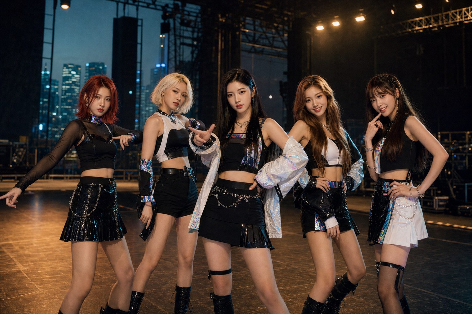 Prism Five GLITCH album: five members on an empty stage during soundcheck, amber and cyan lighting echoing the album's palette