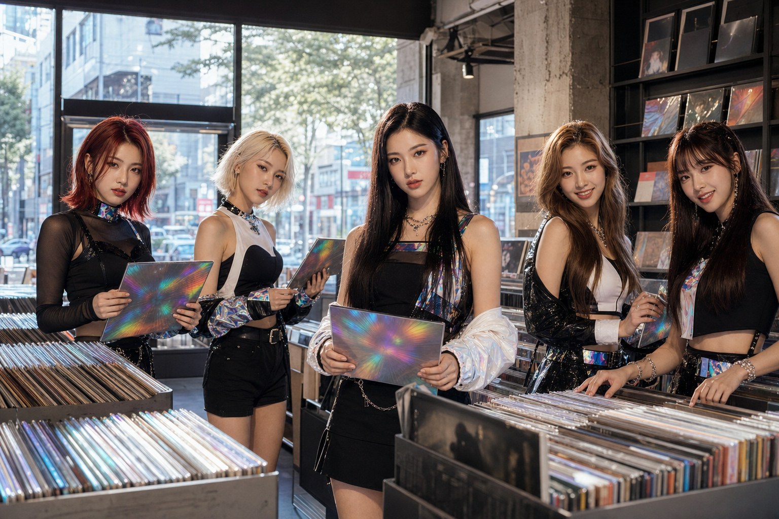 Prism Five GLITCH album-era portrait in a record shop, daylight reflecting on prism-colored vinyl sleeves