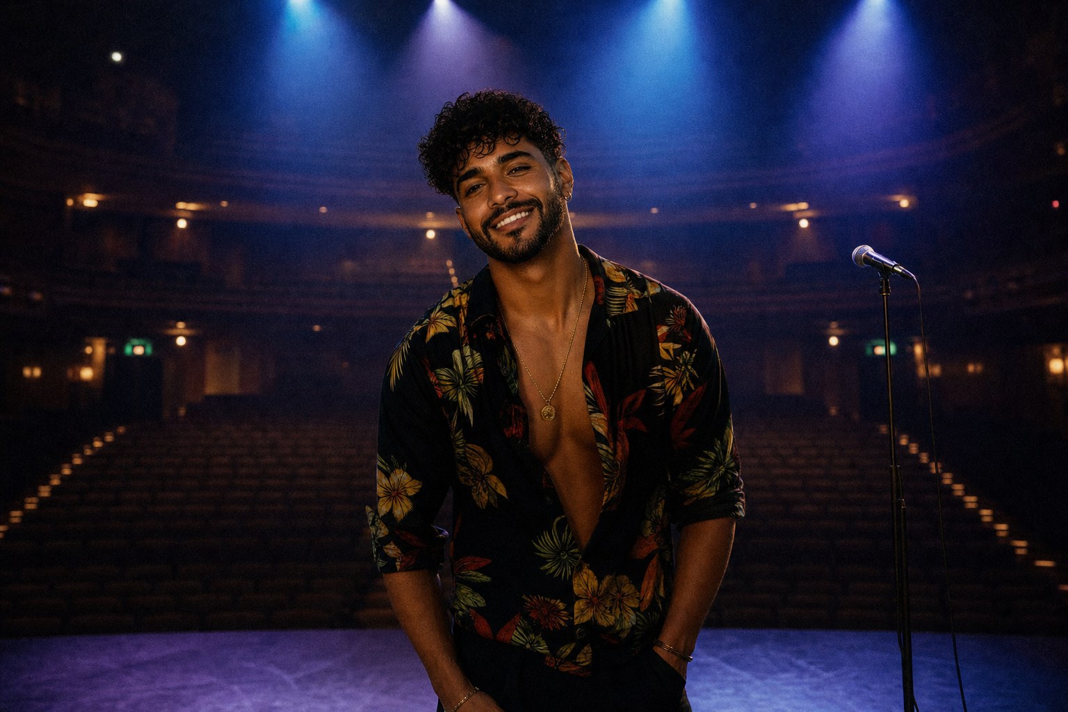 Santiago Fuego onstage in an empty concert hall under blue lights — Reggaeton 2026 artist portrait