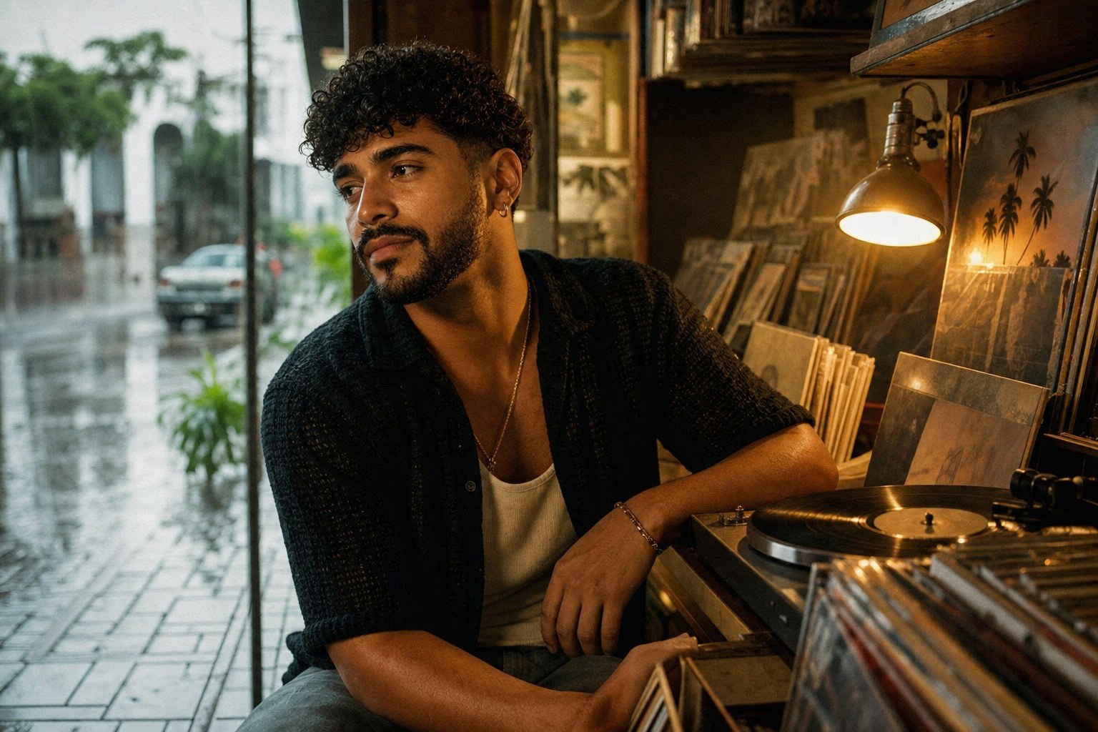 Santiago Fuego listening among vinyl crates in a Santo Domingo record shop, a warm intimate scene for Santiago Fuego Paraíso