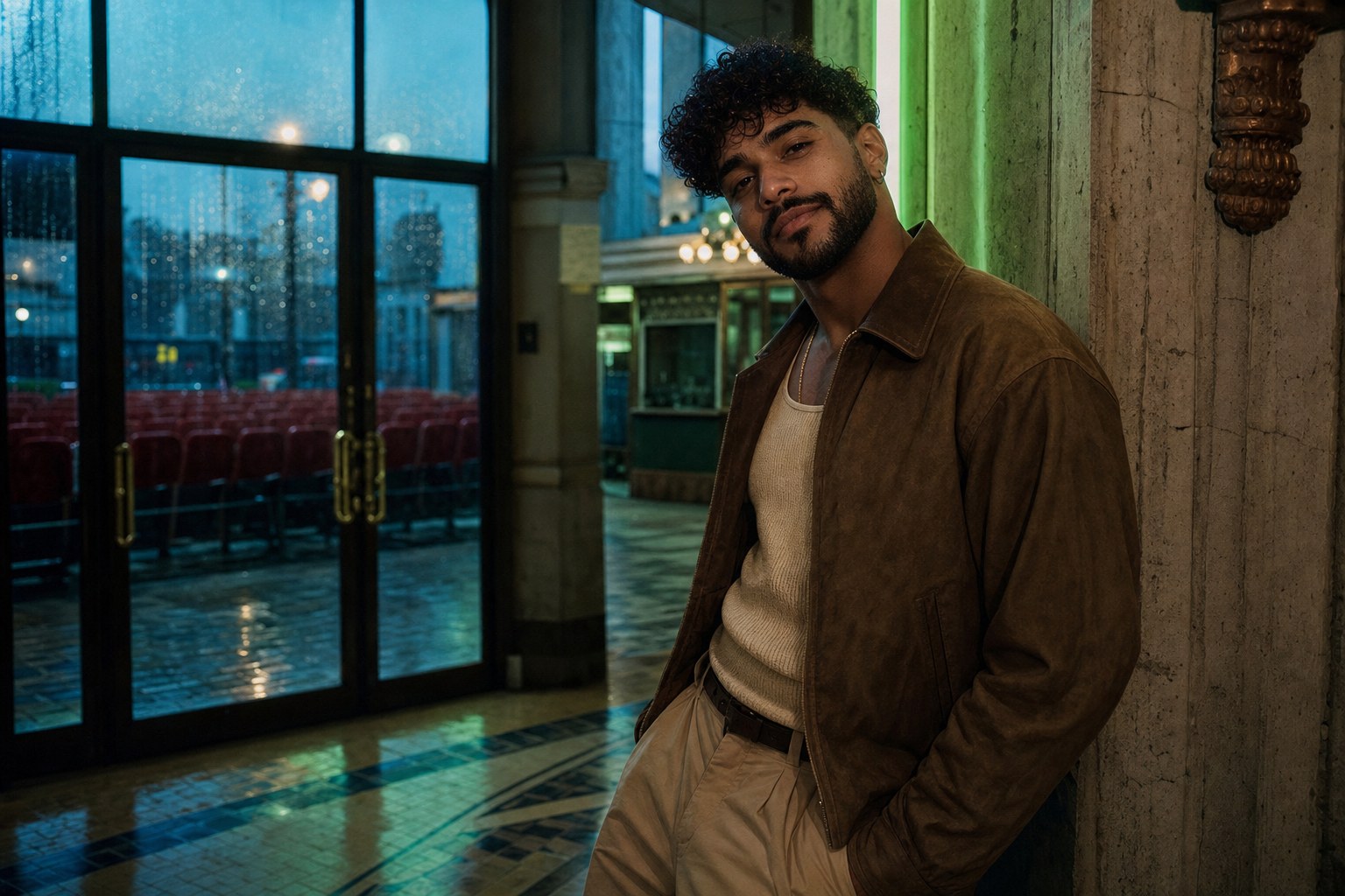 Santiago Fuego in a rain-lit cinema lobby, a cinematic setting for Paraíso by Santiago Fuego