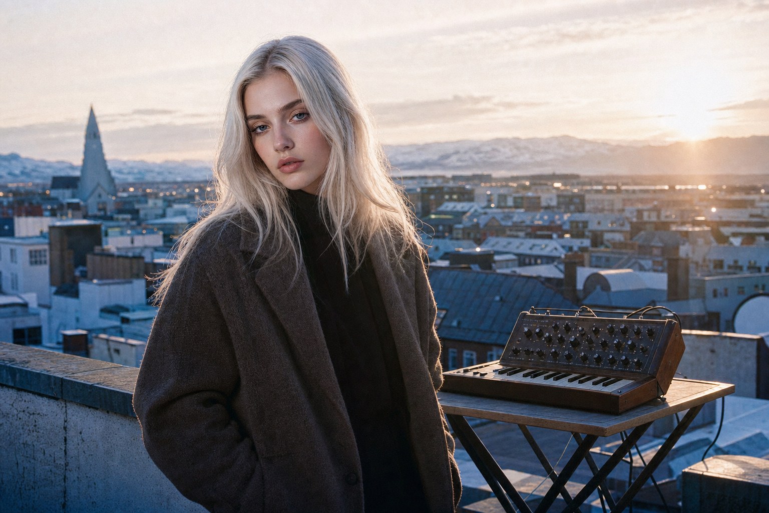 Lyra Voss on a Reykjavík rooftop at dawn, representing Scandinavian electropop 2026 and the Solstice Light aesthetic