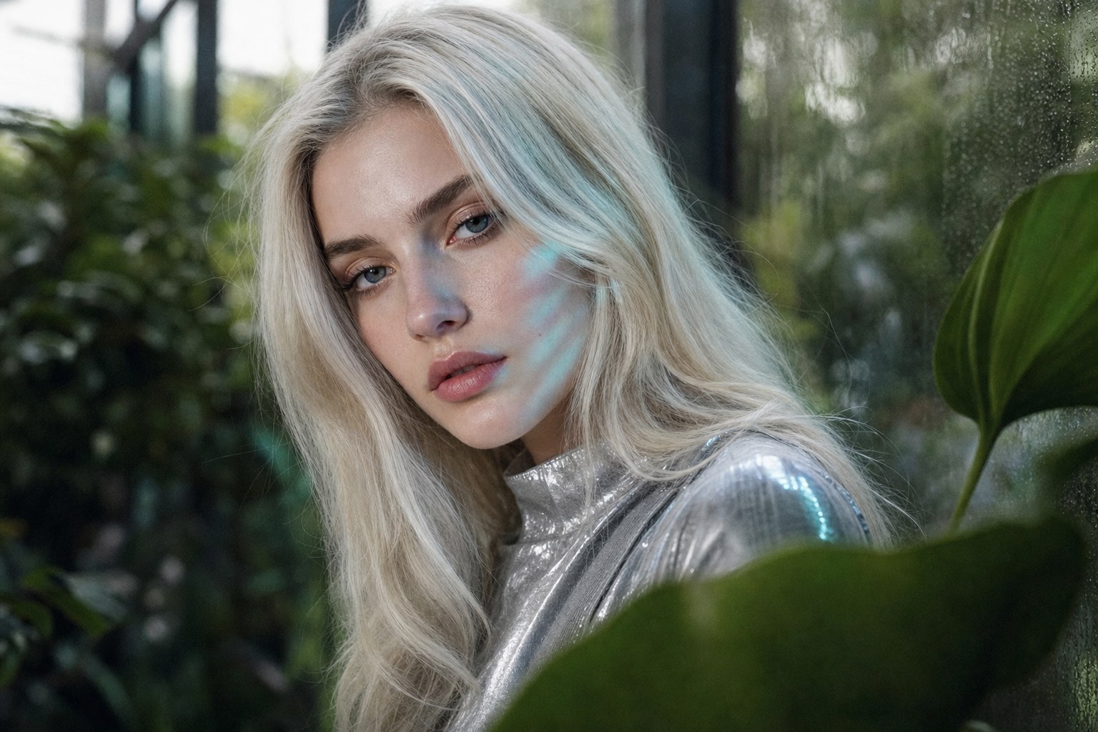 Close-up editorial portrait of Lyra Voss in a Reykjavík conservatory for Solstice Light by Lyra Voss