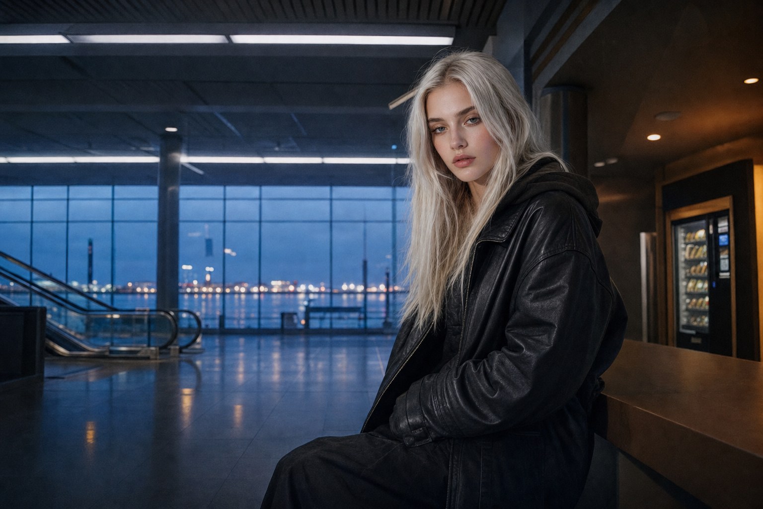 Lyra Voss in a cinematic Reykjavík ferry terminal scene for Solstice Light by Lyra Voss