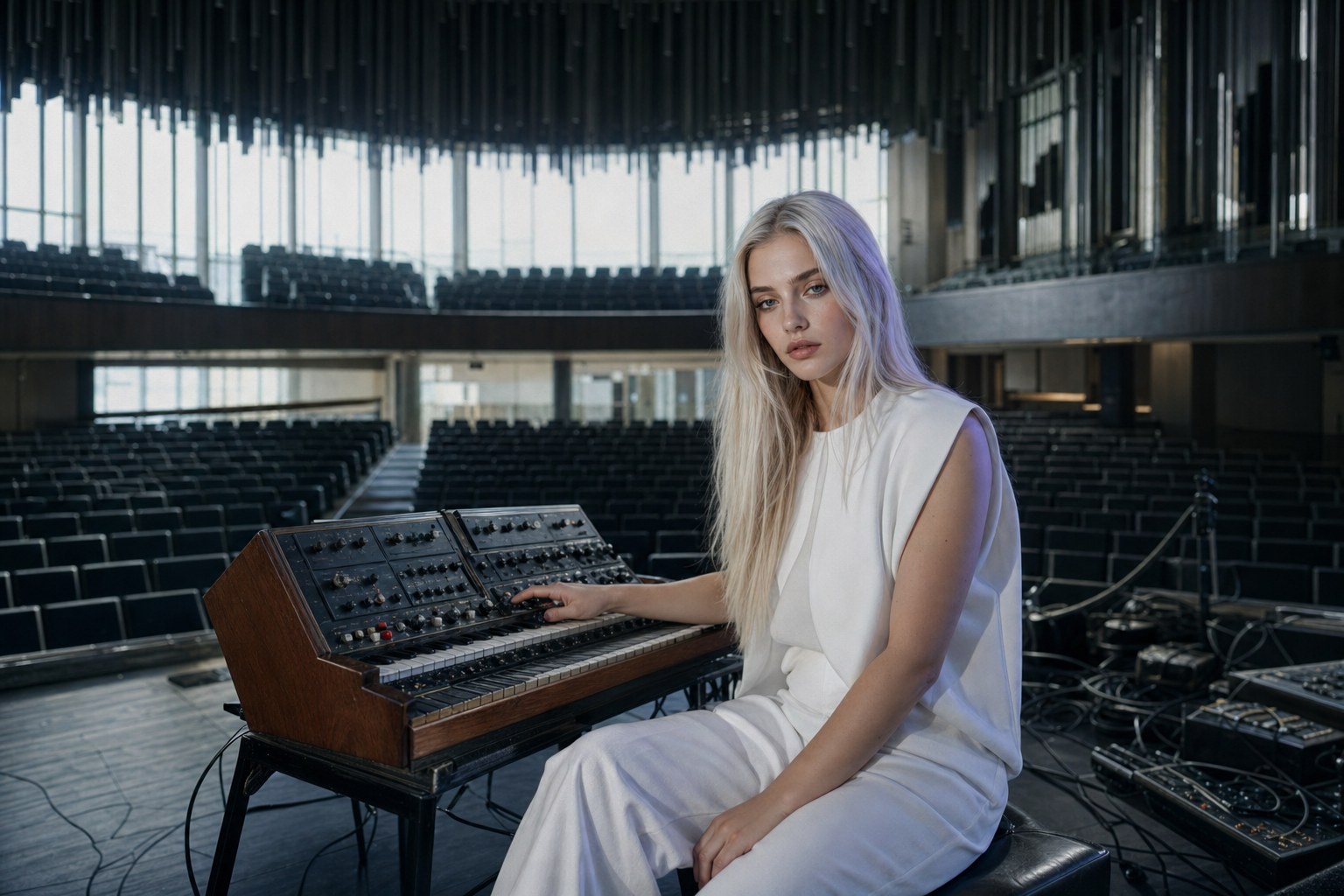 Solstice Light by Lyra Voss — Lyra seated at a vintage synth on an empty Reykjavík concert hall stage under cool daylight