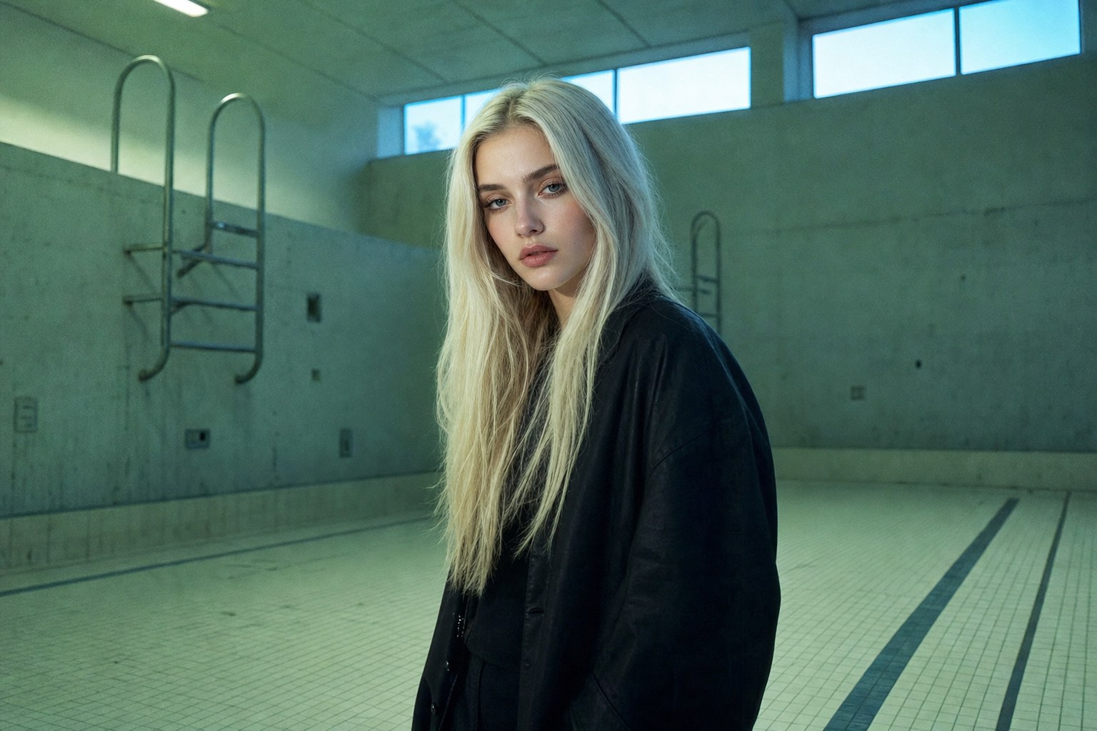 Lyra Voss in an empty Reykjavík swimming pool for a Solstice Light by Lyra Voss track-by-track feature