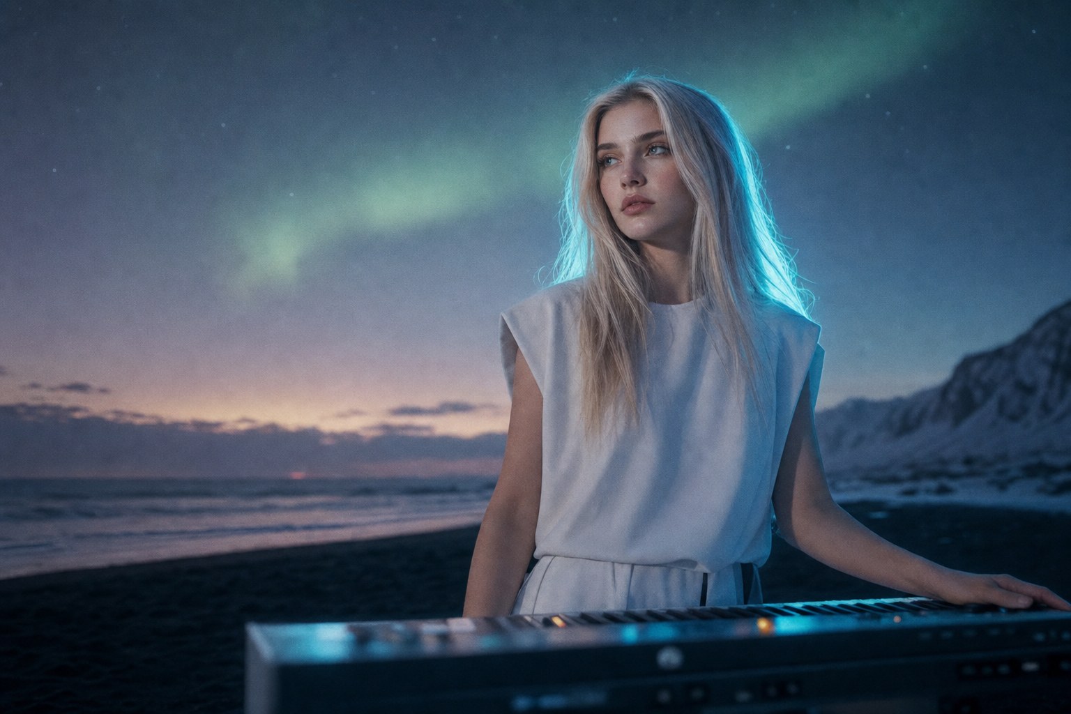 Lyra Voss portrait for Solstice Light by Lyra Voss — medium-shot on a Reykjavík shoreline with aurora-like cyan backlight