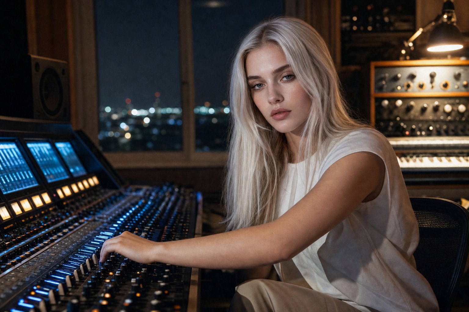 Lyra Voss in a Reykjavík studio at night behind a mixing console, illustrating Solstice Light production