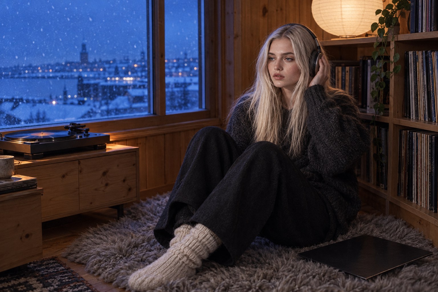 Lyra Voss listening to records in a Reykjavík room at blue hour, hero image for songs like AURORA