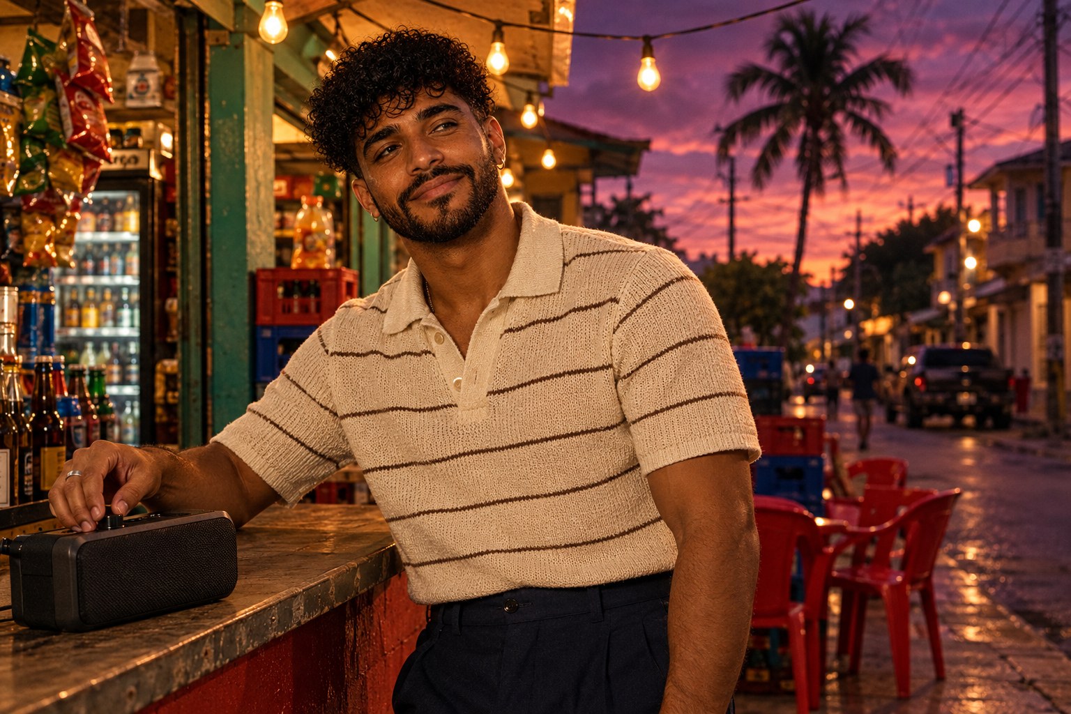 Songs like Bad Bunny: Santiago Fuego at a Santo Domingo colmado counter at dusk beside a portable speaker