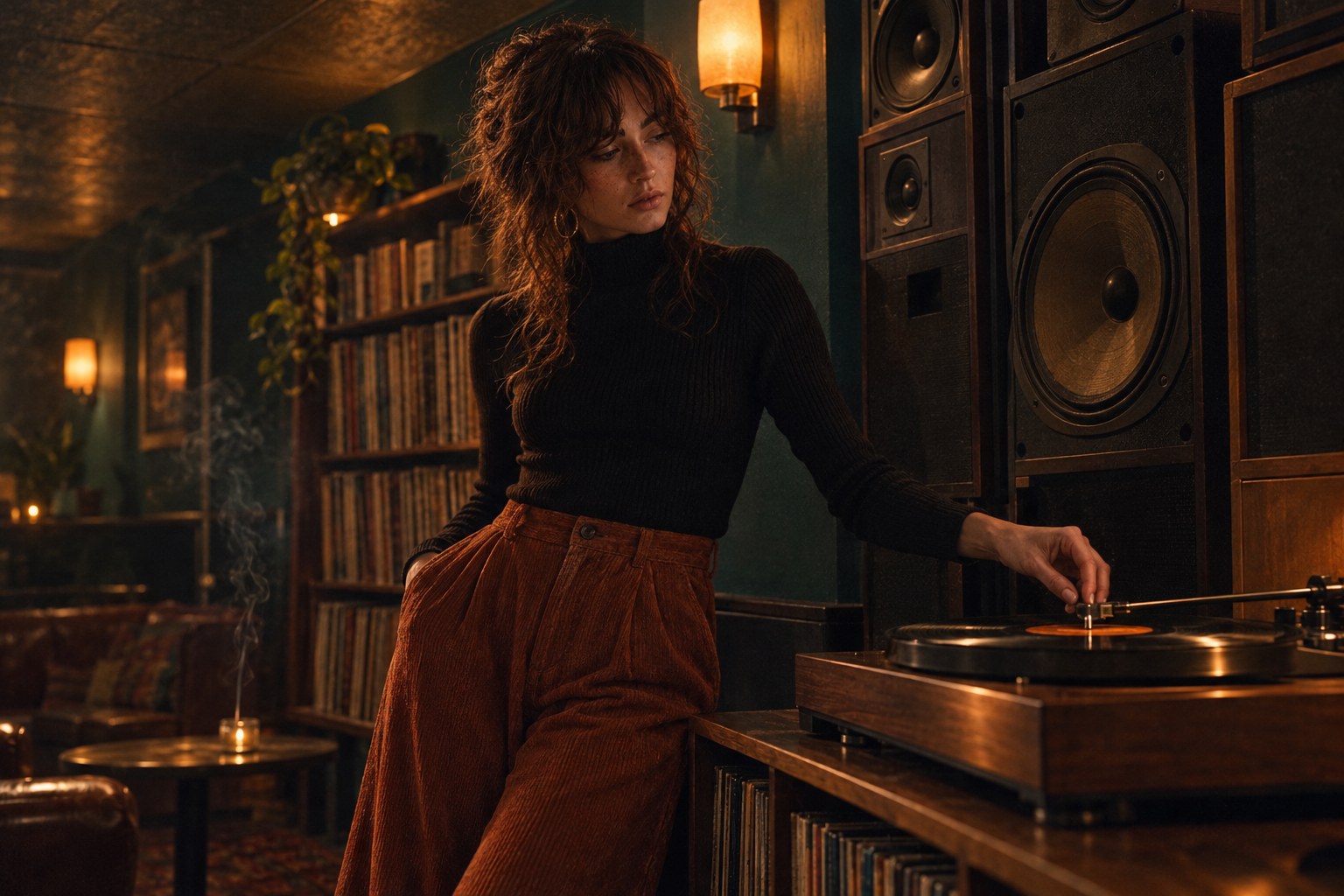 Opal Sinclair in a vinyl listening bar, the setting for a guide to songs like Erykah Badu
