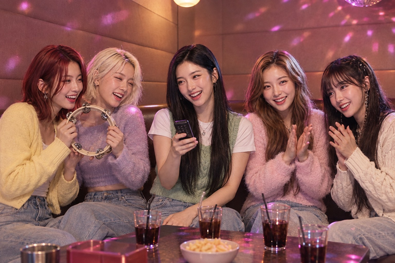 Prism Five laughing together in a Seoul karaoke room, illustrating songs like TWICE for fans of bright K-pop