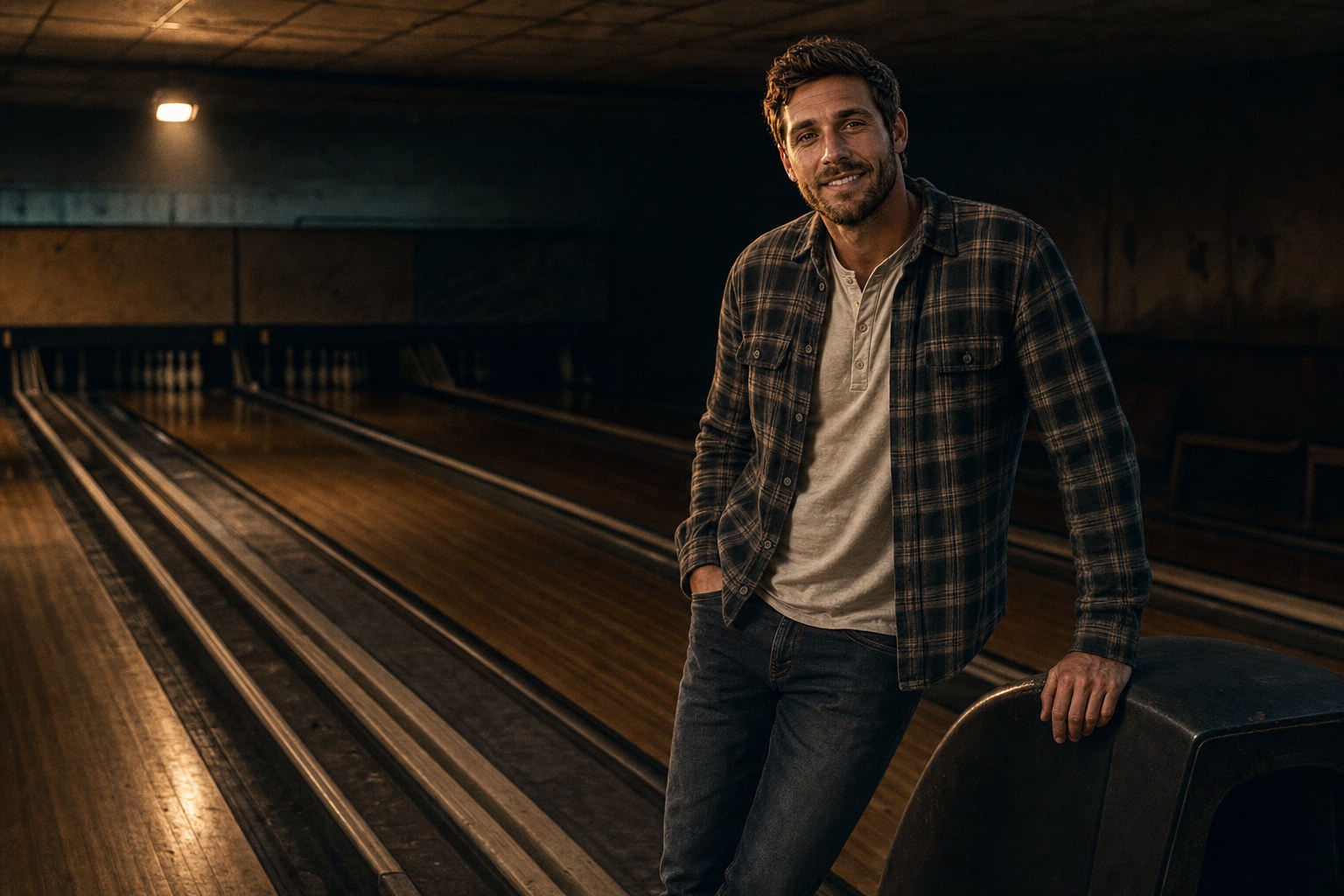 Jesse Cole Beckett in an empty bowling alley, embodying the quiet tension of The Last Porch Light album