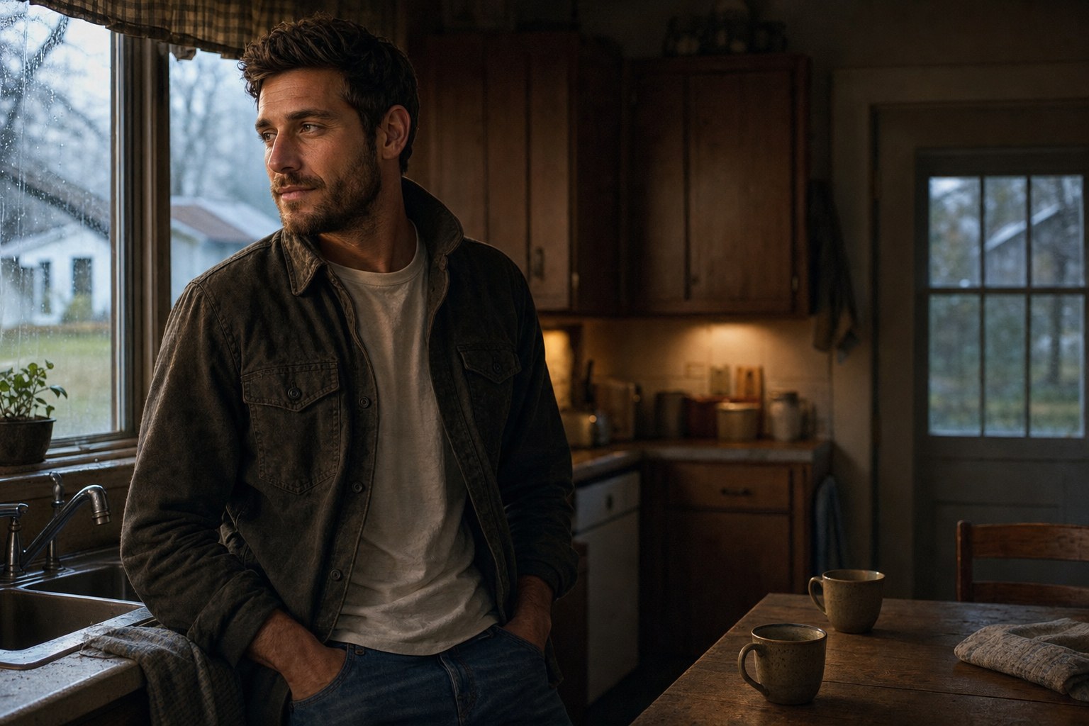 Jesse Cole Beckett in a quiet kitchen scene representing The Last Porch Light on screen