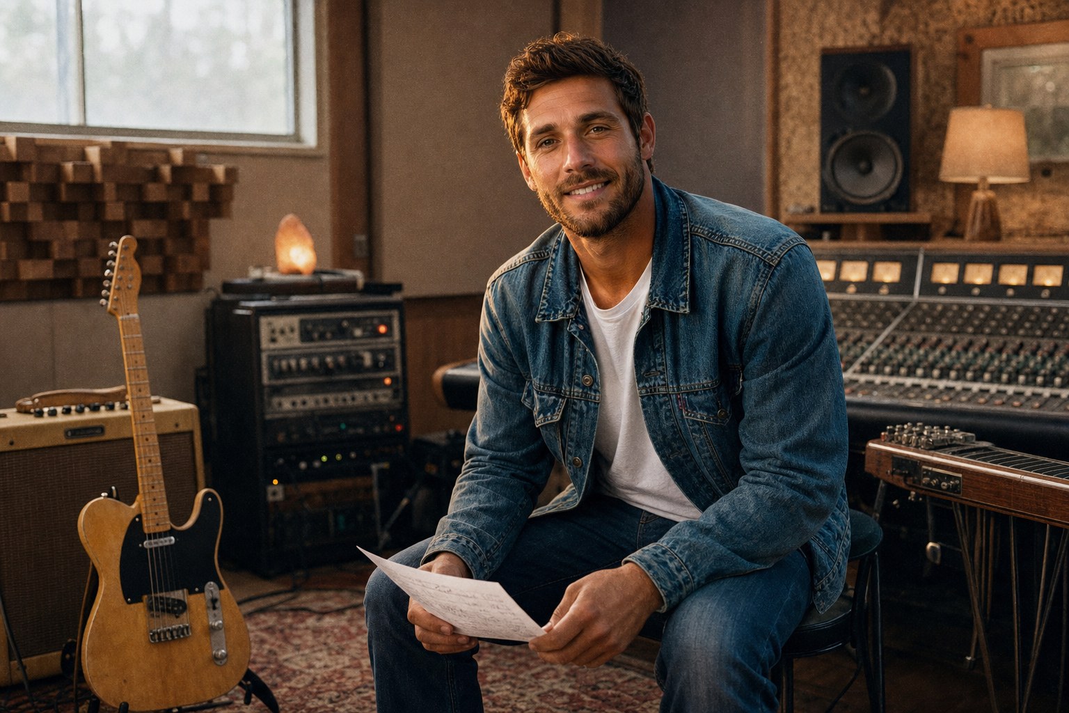 The Last Porch Light production: Jesse Cole Beckett in a small live-room studio beside a Telecaster and slide steel