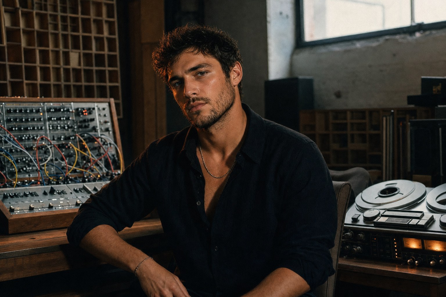 Nova Driftwood in a small studio at sunrise holding a reel-to-reel, illustrating Tide Clock by Nova Driftwood and the record's focus on vinyl texture