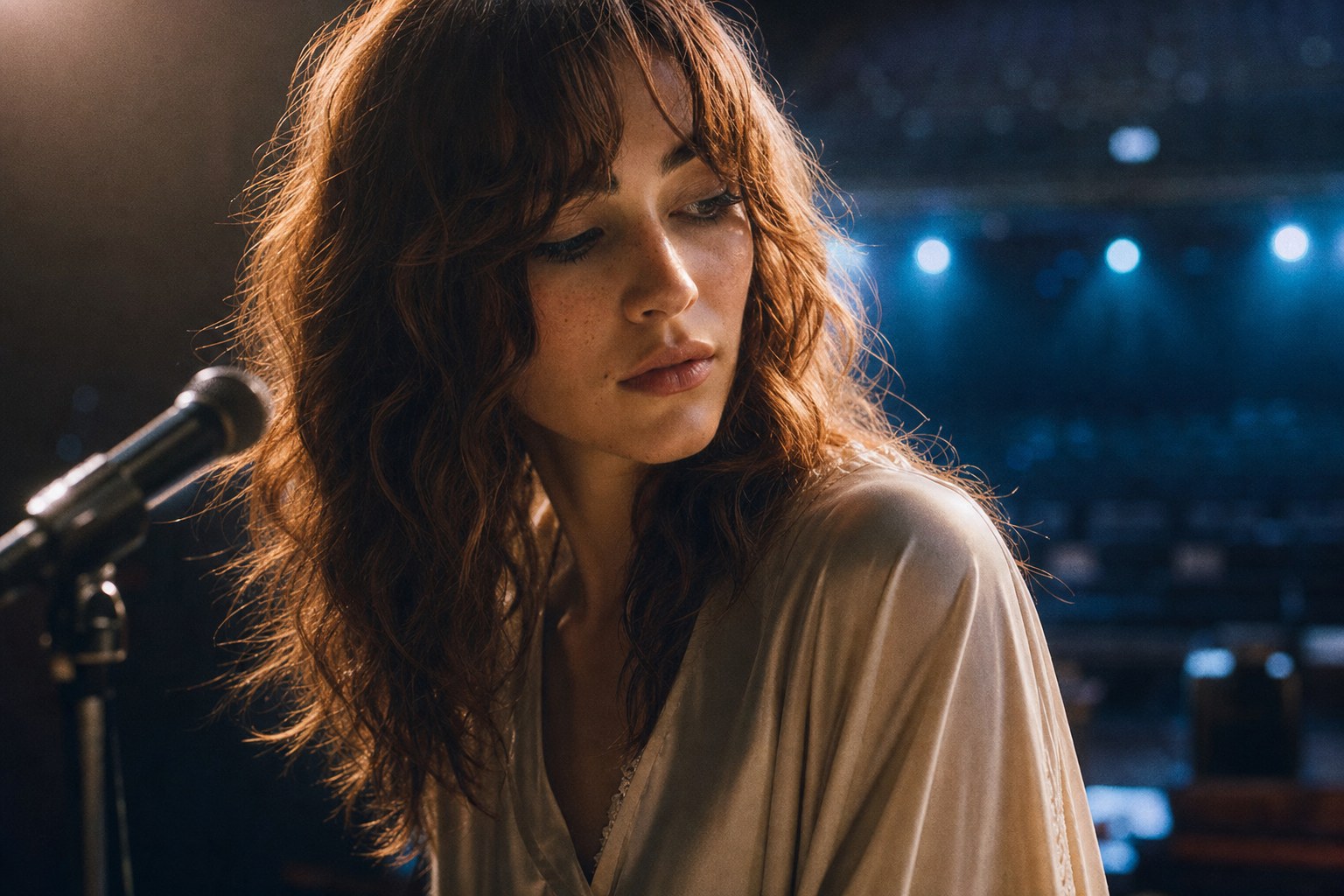 Opal Sinclair on stage during soundcheck, portrait for Velvet by Opal Sinclair, cool stage lighting and shallow depth-of-field