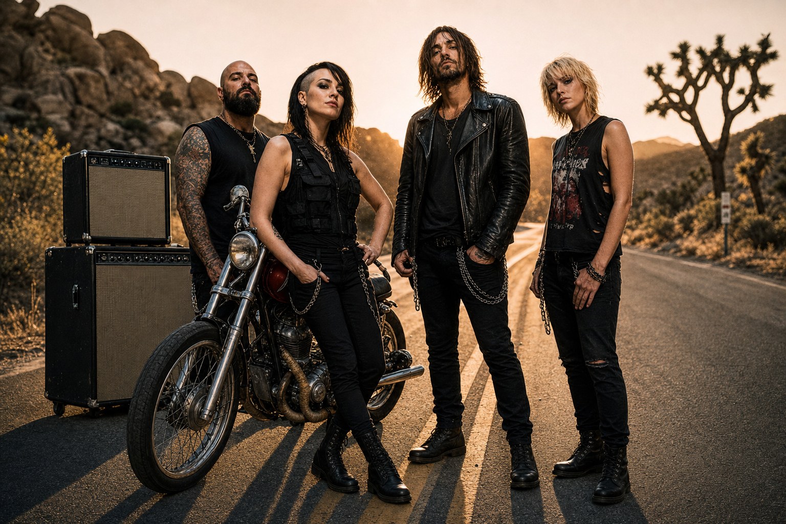 Viper Junction Gasoline Hymn band on a Joshua Tree highway at golden hour, desert rock soundtrack vibe, photorealistic
